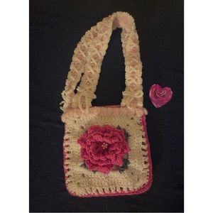 Lolita/Coquette mini Crochet tote bag with crochet rose on both sides, beaded.